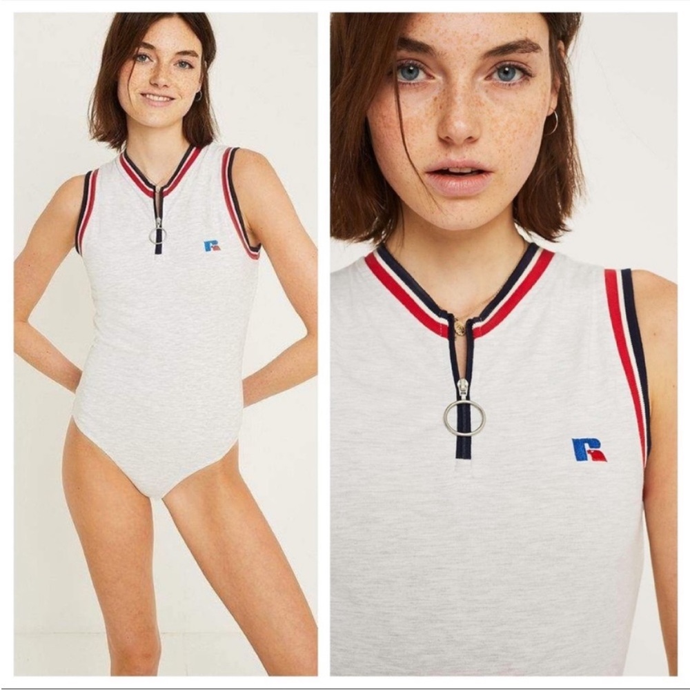 Russell Athletic Women’s Bodysuit Medium Gray Heather Gray with Red White Blue